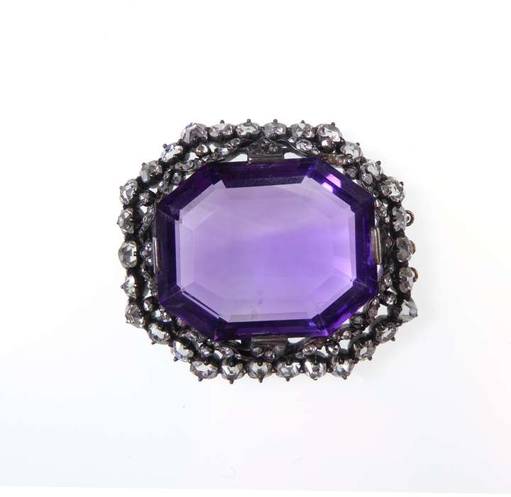 Amethyst and diamond cluster brooch of cut-corner rectangular outline
